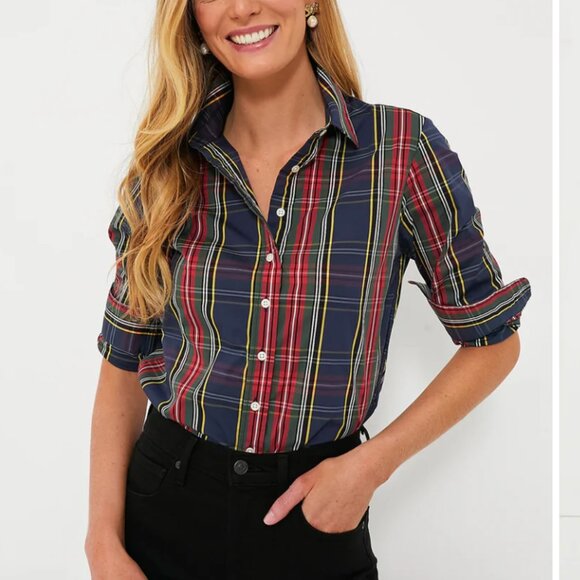 The Shirt by Rochelle Behrens Red Navy Blue Plaid Button-Down Shirt top collared - Picture 1 of 7